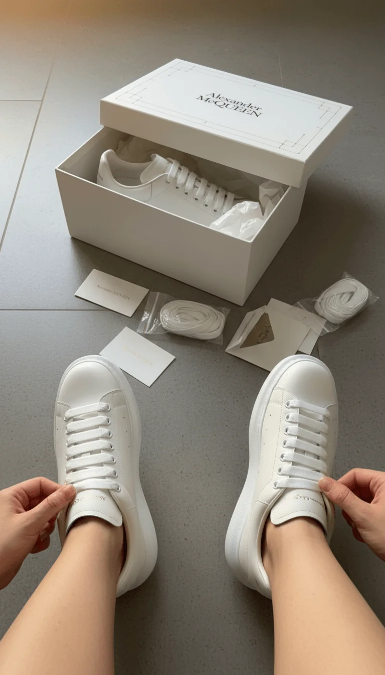 Person unboxing Alexander McQueen Oversized White sneakers with original branded box and accessories – SHUZAR Egypt