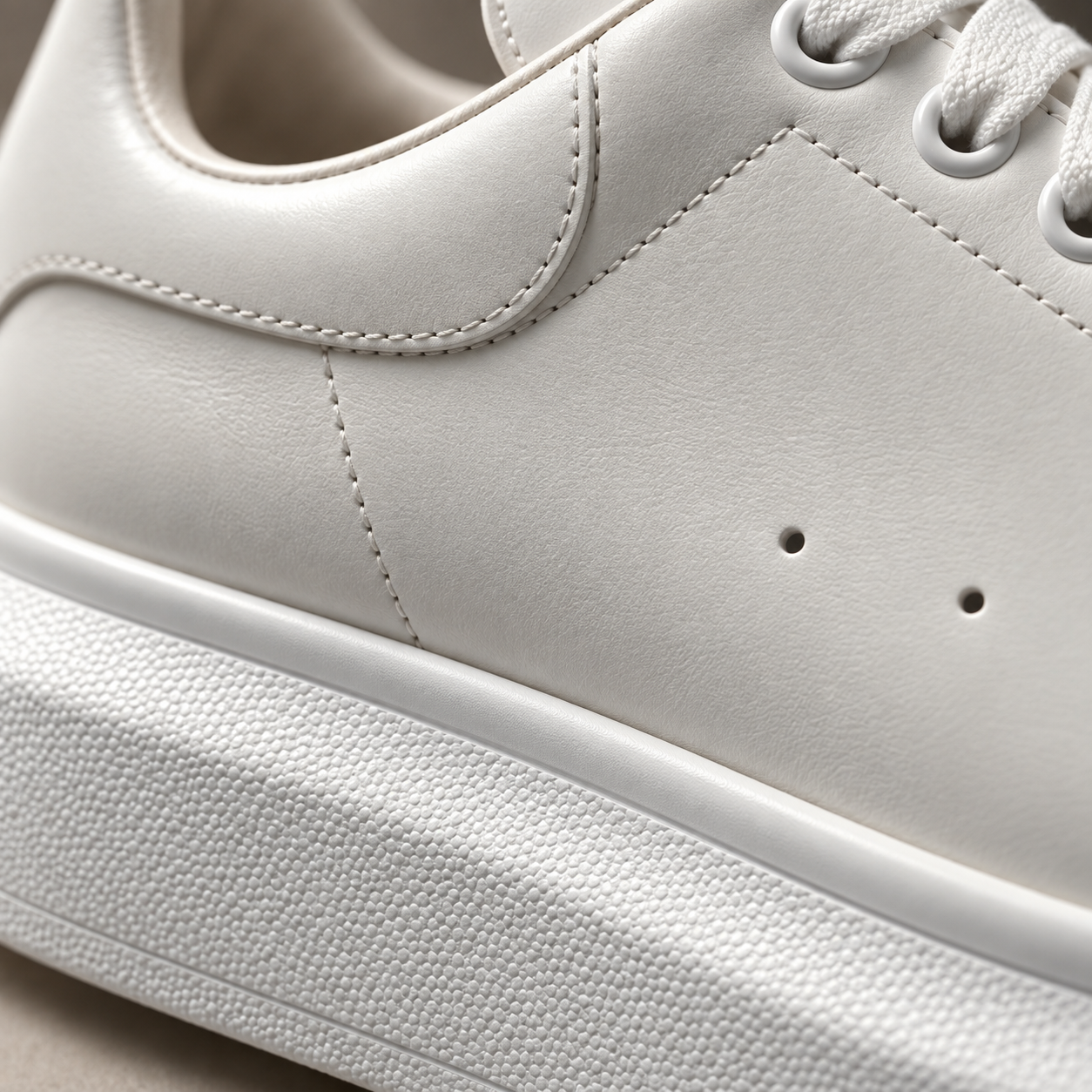 Close-up of smooth white leather and the platform sole